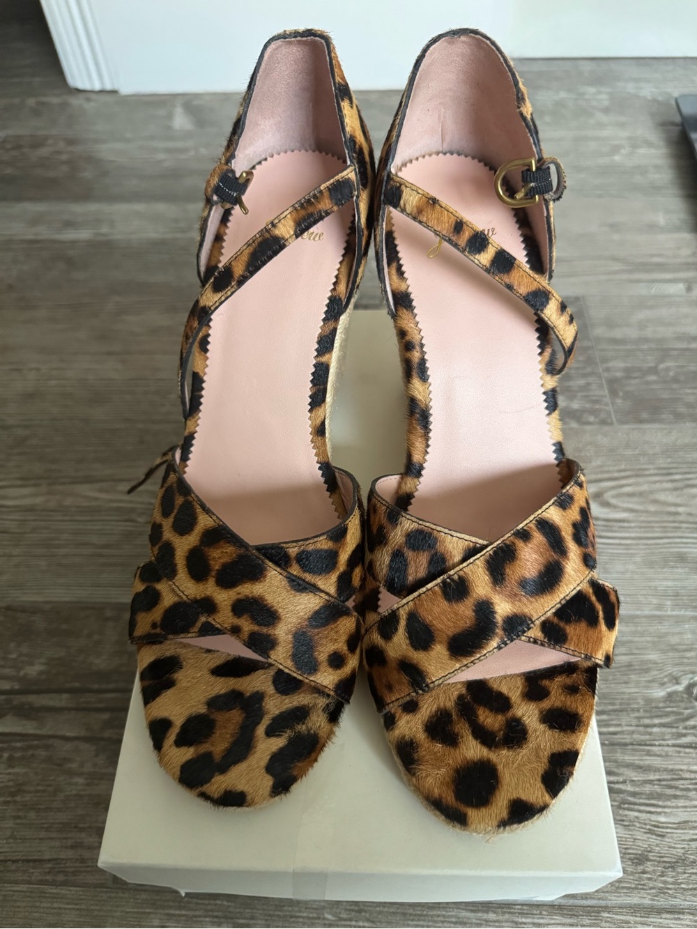 J. Crew Genuine Pony Hair Leopard Cross-Strap Espadrilles, US11, like NEW
